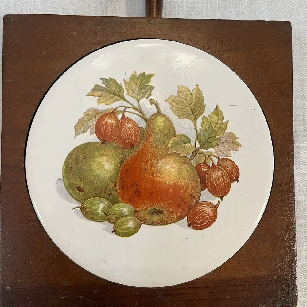 Trivet Vintage Ceramic Tile Wood Hanger Mixed Fruits Hot Plate MCM Cottagecore
